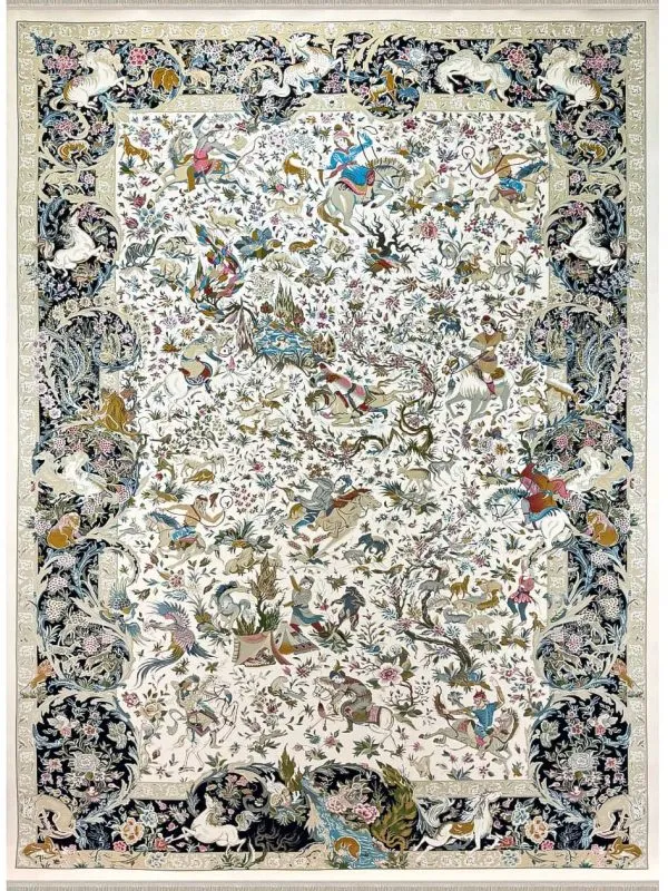 فرش شکارگاه سلطان رنگ کرم 1500 شانه تراکم 4500 کد 156005 - فرشخونه