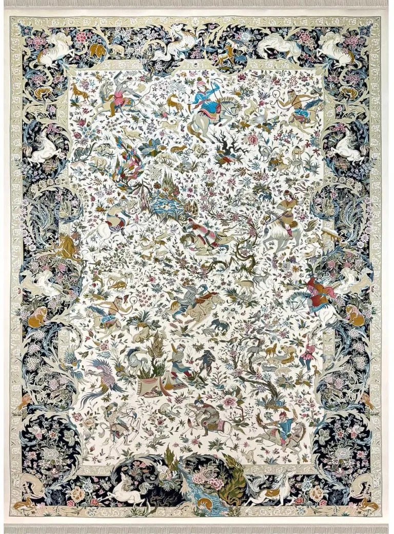 فرش شکارگاه سلطان رنگ کرم 1500 شانه تراکم 4500 کد 156005 - فرشخونه