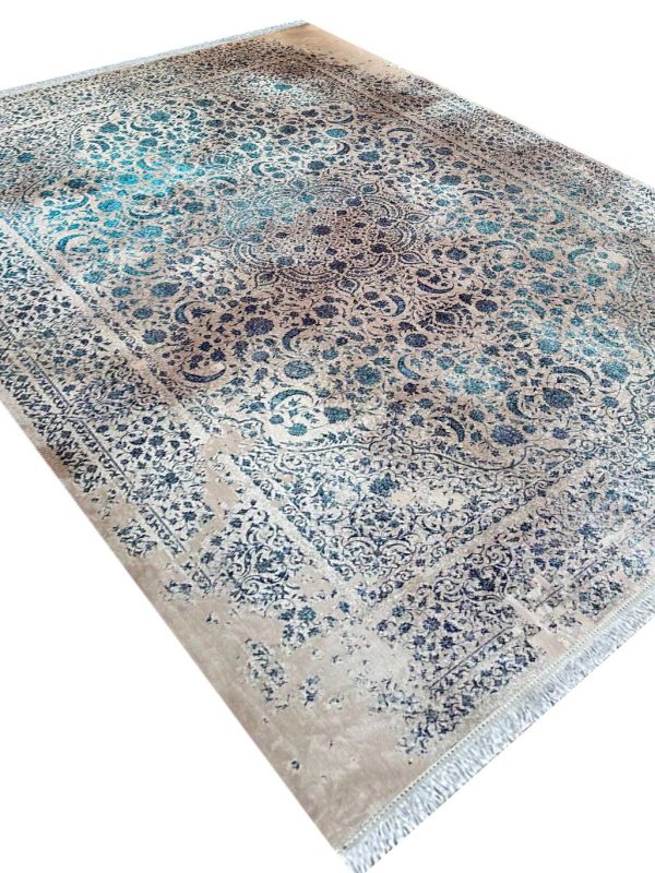 فرش وینتیج اصفهان طرح ملکشاه رنگ کرم آبی 1200 شانه کد 21012836 - فرشخونه