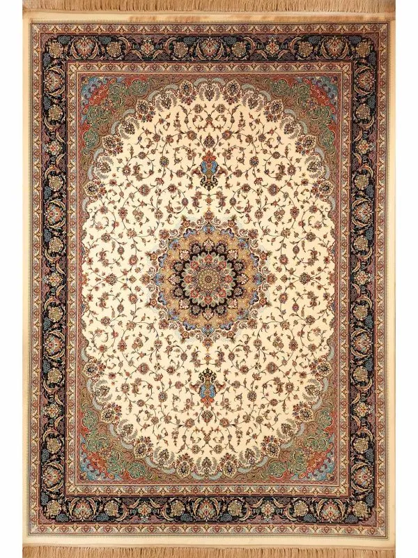 فرش طرح اصفهان طرح سلیمان رنگ کرم حاشیه سرمه ای 1200 شانه کد 2102514 - فرشخونه