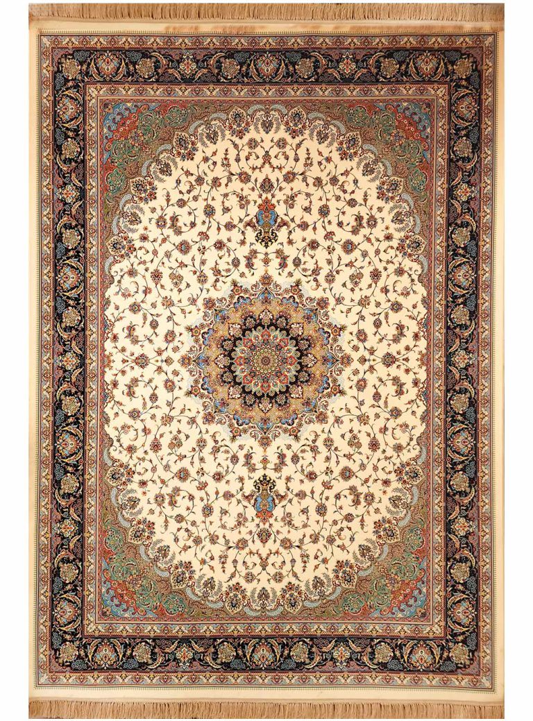 فرش طرح اصفهان طرح سلیمان رنگ کرم حاشیه سرمه ای 1200 شانه کد 2102514 - فرشخونه