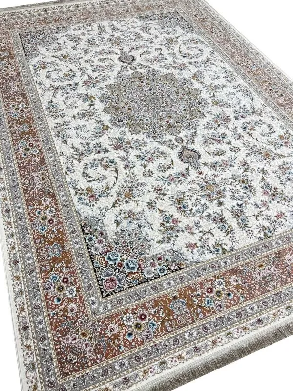 فرش طرح آوان رنگ کرم 1500 شانه گل برجسته کد 1301