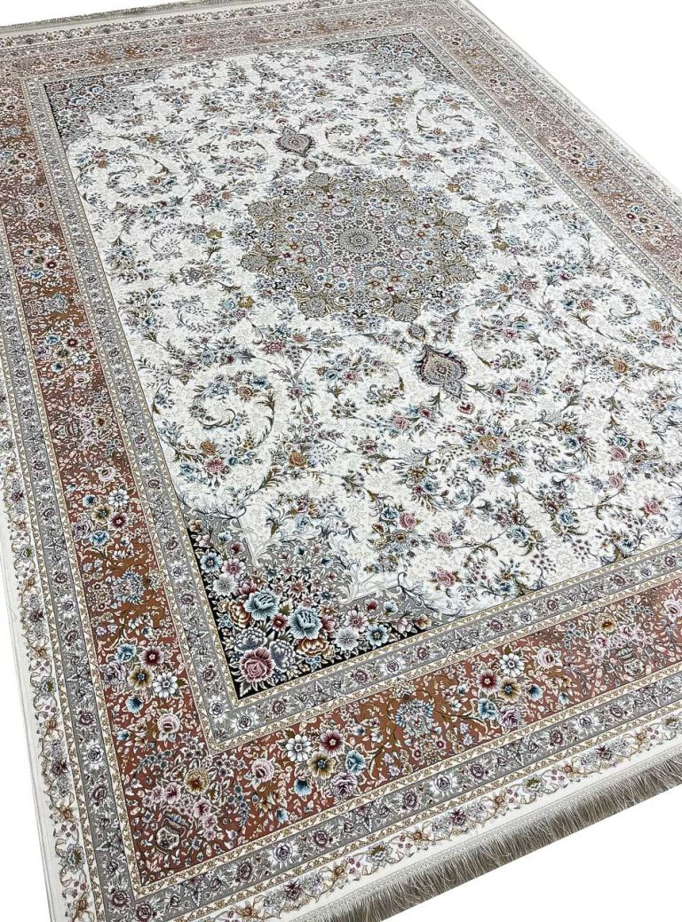 فرش طرح آوان رنگ کرم 1500 شانه گل برجسته کد 1301