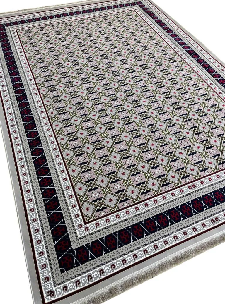 فرش ترکمن طرح قاب لوزی نقره ای 1500 شانه برجسته کد 3101305 - فرشخونه