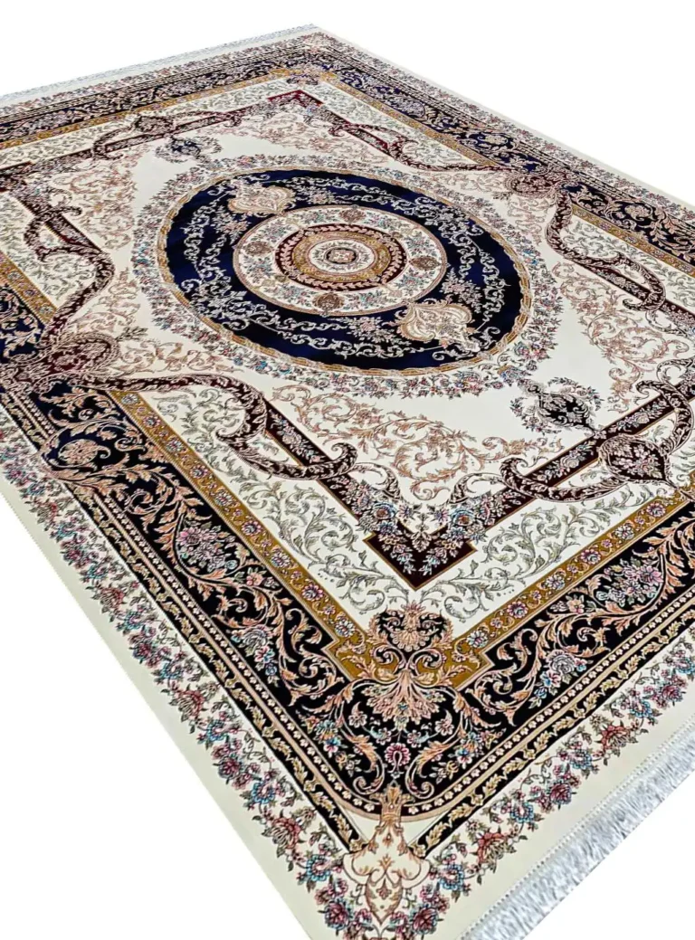 فرش طرح فرانسوی رنگ کرم سرمه ای 1200 شانه کد 12848KS