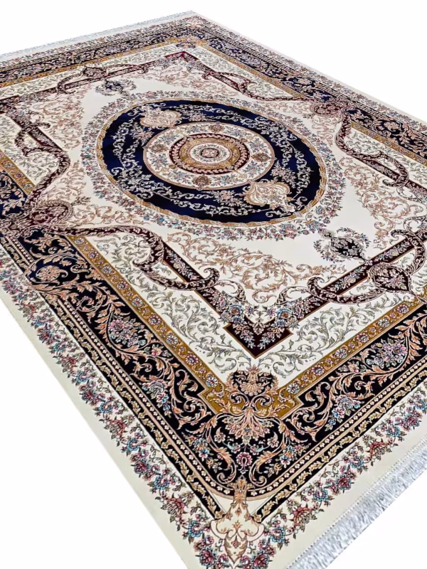 فرش طرح فرانسوی رنگ کرم سرمه ای 1200 شانه کد 12848KS