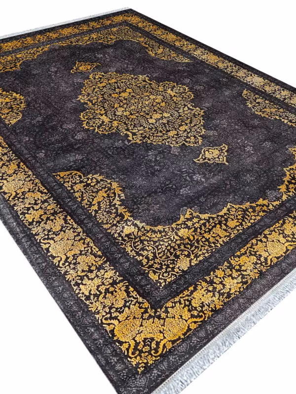 فرش ماشینی طرح وینتیج رنگ زغالی طلایی 700 شانه کد 70048