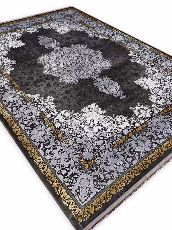 فرش وینتیج طرح زیور رنگ زغالی طلایی 700 شانه کد 70062