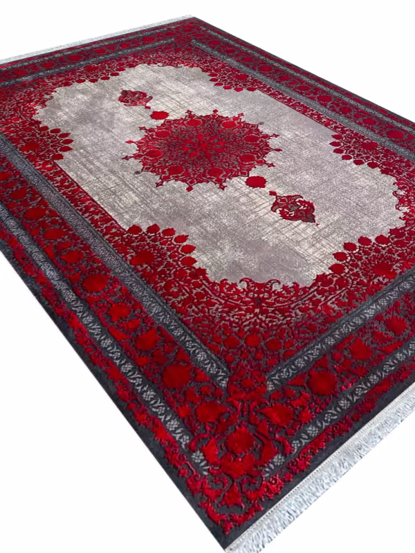 فرش کهنه نما طرح ترنج طوسی قرمز کد 73005