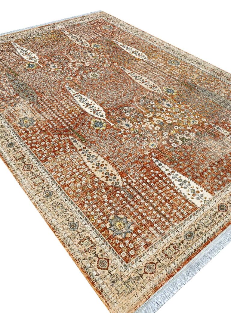 فرش گبه ماشینی طرح درختی رنگ مسی 700 شانه کد 76023