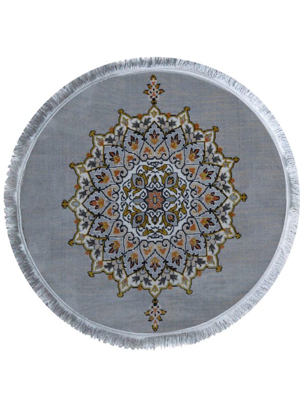 فرش گرد کف ساده ترنج دار 400 شانه رنگ نقره ای گل برجسته کد 40094