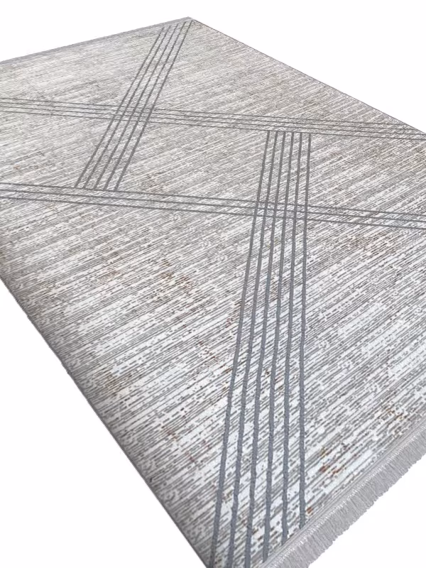 فرش فانتزی طرح خطوط مورب رنگ کرم گل برجسته کد 41190k