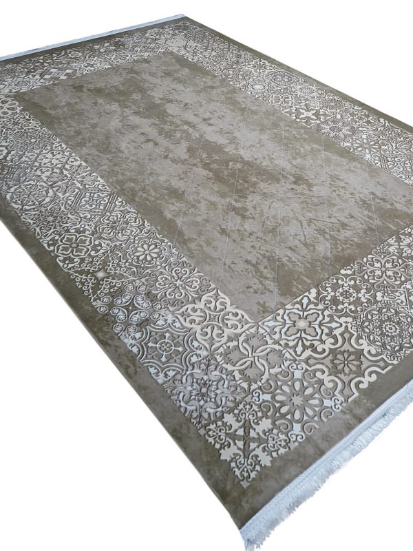 فرش اتاق خواب طرح کاشی گلدار بوم پتینه رنگ سبز 700 شانه کد 101496