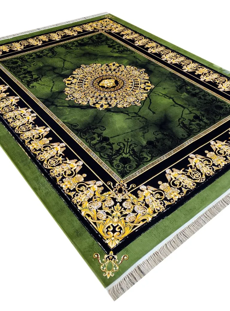 فرش طرح ورساچه وینتیج 1200 شانه غیر برجسته طلاکوب کد 884 سبز