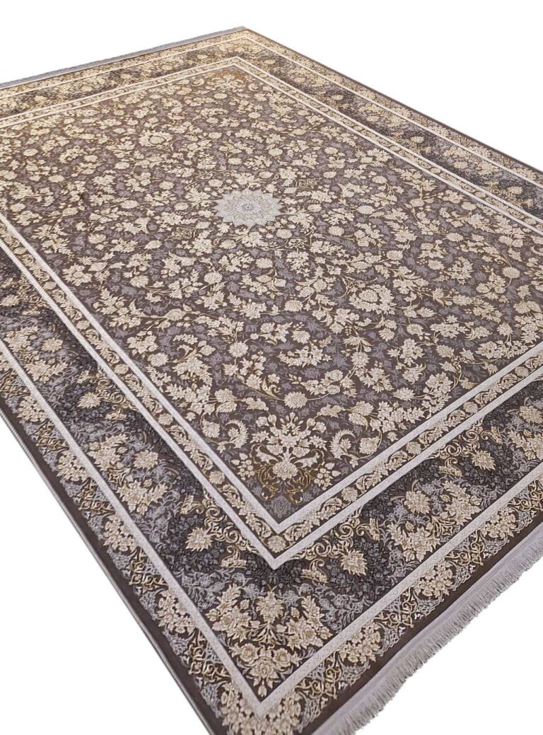 فرش افشان طرح ستین طلاکوب 1200 شانه گل برجسته طوسی کد 73341