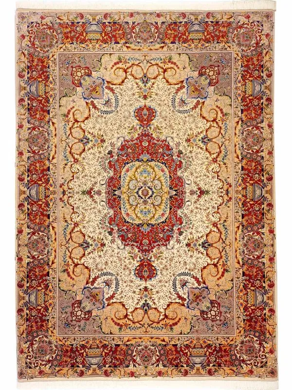 فرش ماشینی پشم و ابریشم طرح حاشیه گلدانی 1200 شانه کد 3241