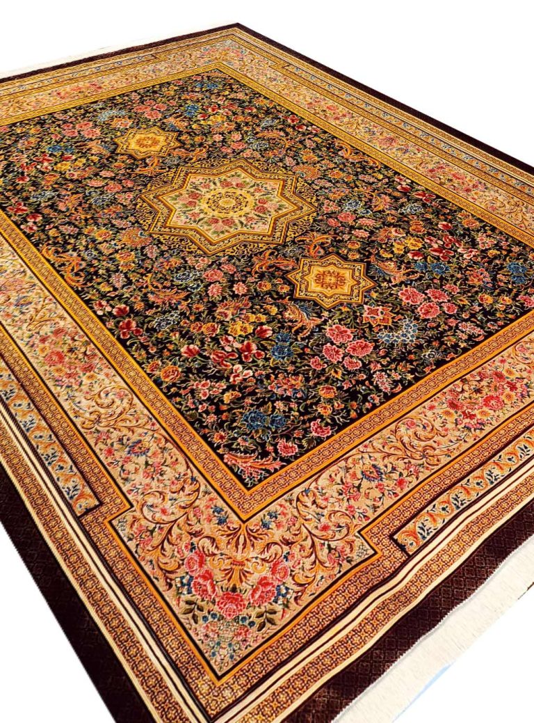 فرش ابریشم قم طرح افشان ترنج دار 1500 شانه کد 64FA3105598