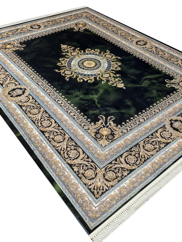 فرش فرانسوی طرح جیوا 700 شانه طلاکوب کد 3801 سبز تیره