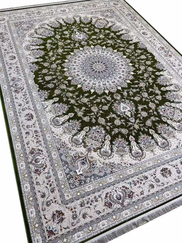 فرش طلاکوب طرح روژان 1500 شانه گل برجسته تراکم 4500 کد 1621 سبز