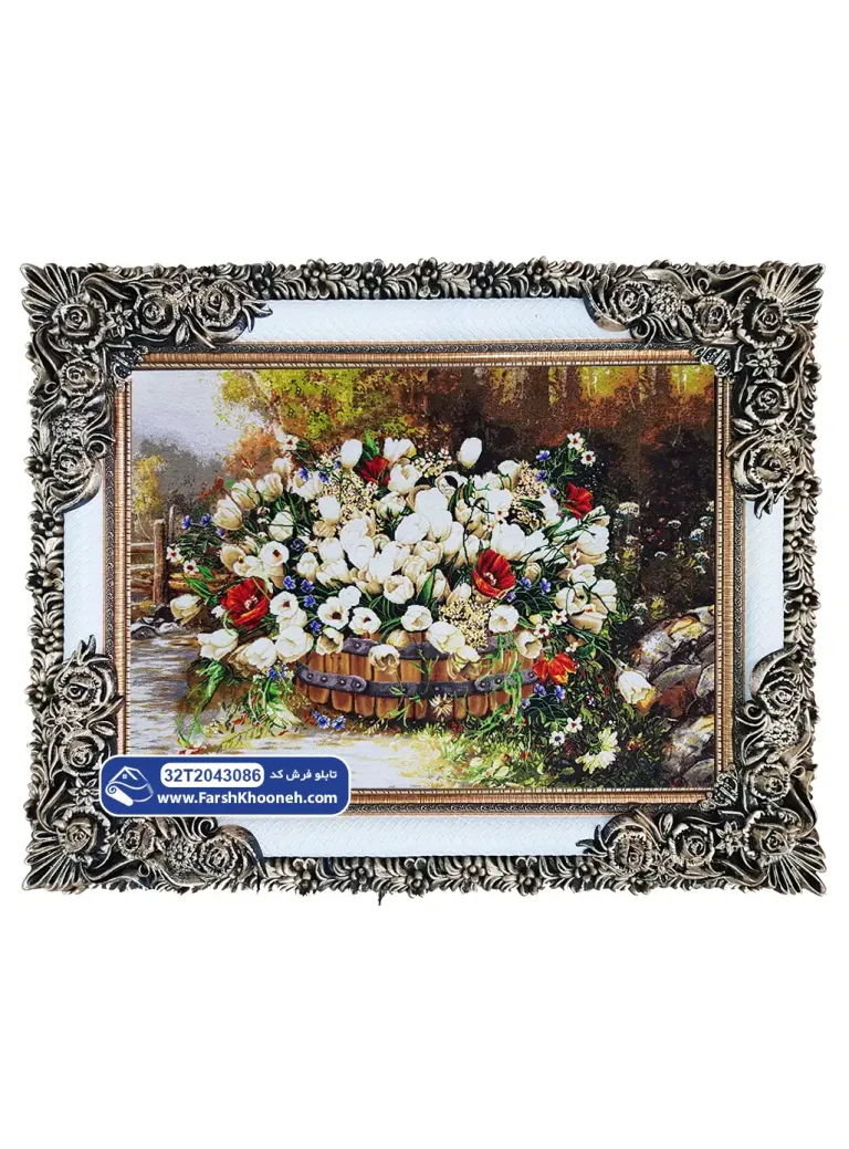 تابلو فرش طرح نقاشی دسته گل لاله سفید کد 43086