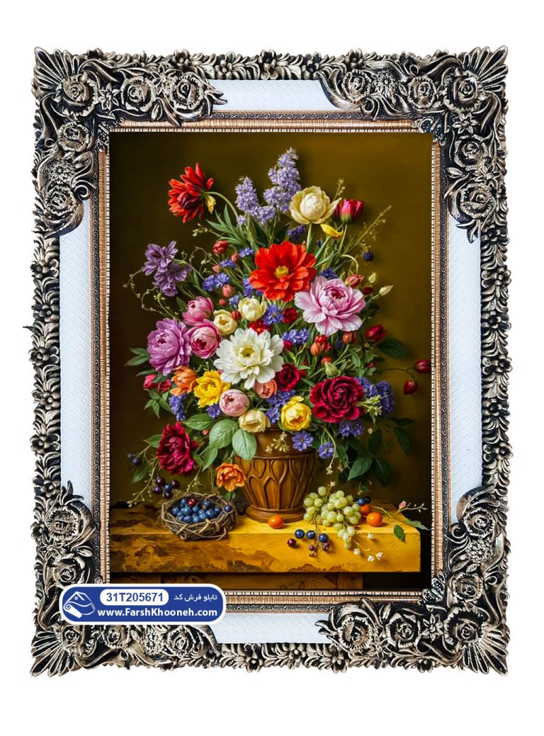تابلو فرش ماشینی گل‌ها در گلدان سفالی روی لبه مرمری کد 5671