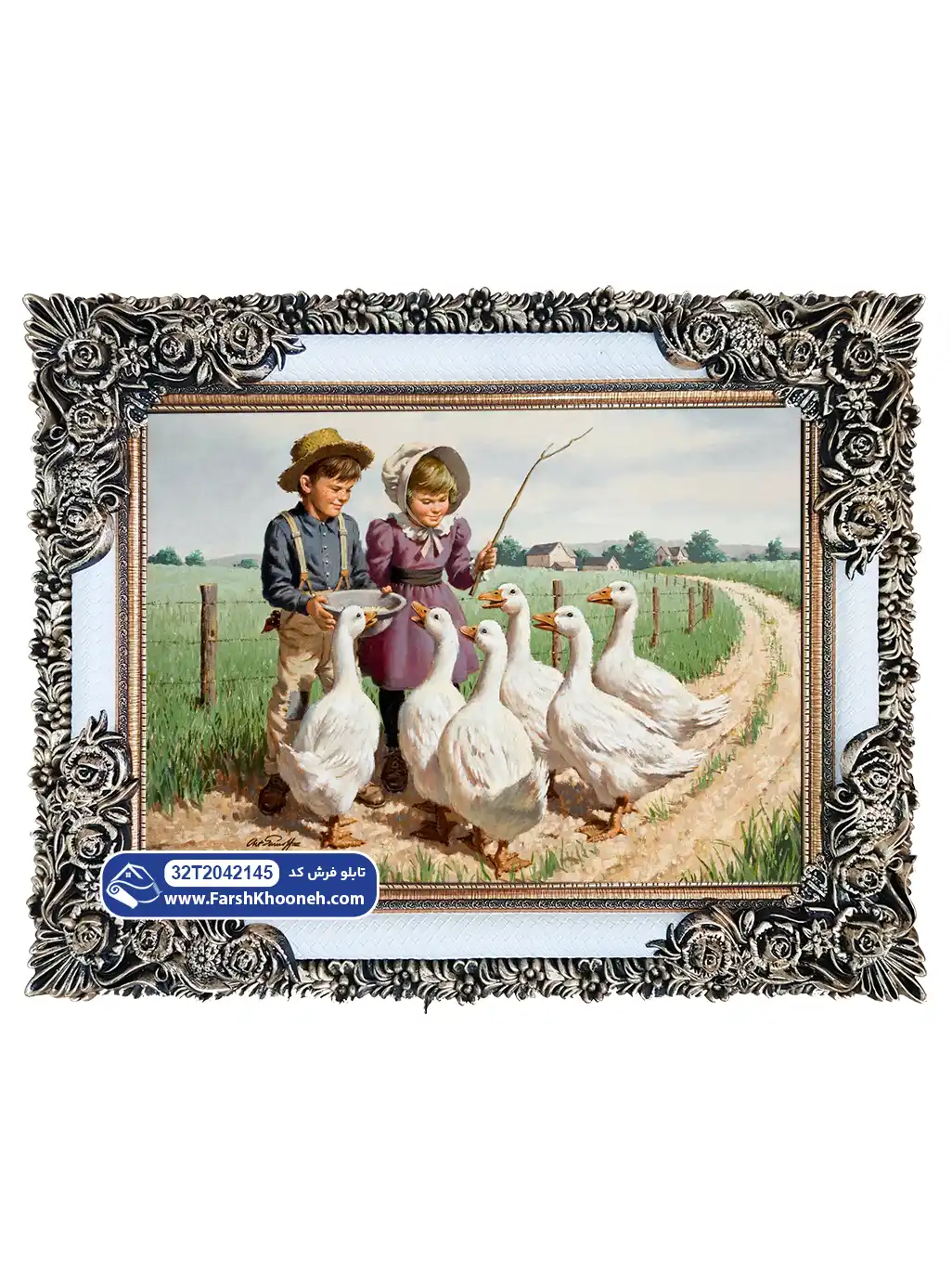 pictorial-carpet-32T2042145-farshkhooneh تابلو فرش فرانسوی طرح غذا دادن به غازها کد 42145